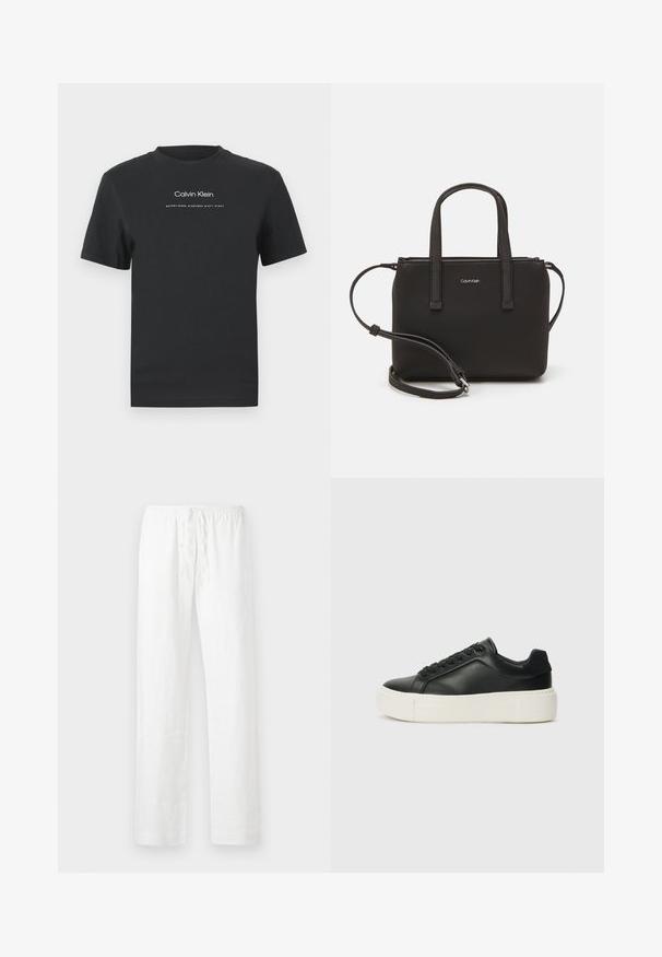 Črna bombažna majica s krožnim izrezom, kratkimi rokavi in belim potiskanjem logotipa "Calvin Klein" ter besedilom "Ustanovljen 1968".; Bele hlače iz platna s sproščenim krojem, elastičnim pasom s vrvico in ravnimi hlačnicami; gladka tekstura in lahka tkanina.; Črne usnjene superge z zaobljenim prstom, belim platformskim podplatom in črnimi vezalkami. Imajo subtilen logotip na peti in gladko teksturo.; Črna torbica z dvema kratkima ročajema in odstranljivim naramnim trakom. Gladek usnju podoben material z zadrgo in podrobnostmi z logotipom.
