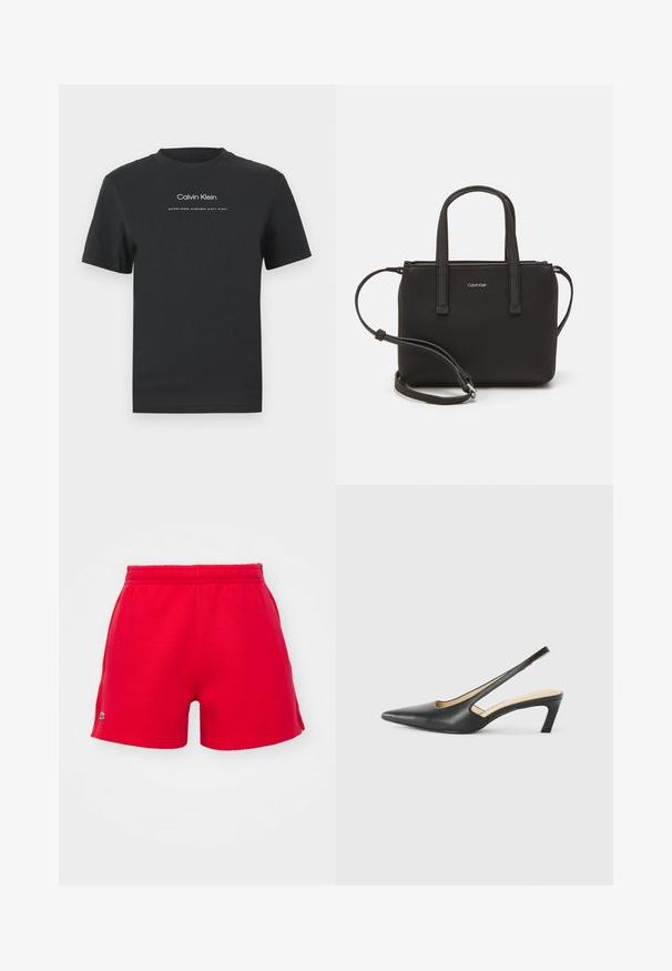 Melna kokvilnas T-kreklā ar apaļu apkakli, īsām piedurknēm un baltu uzdrukātu "Calvin Klein" logotipu un tekstu "Izveidots 1968".; Sarkani šorti, kas izgatavoti no mīksta auduma, ar elastīgu jostasvietu un mazu logotipa detaļu kreisajā pusē. Klasisks griezums ar gludu tekstūru.; Melna, ar smailu purngalu, slingback kurpe ar zemu papēdi, izgatavota no gludas ādas materiāla un ar izgriezumiem sānos gaisa caurlaidībai.; Melns roku soma ar divām īsām rokturiem un noņemamu plecu siksnu. Gluda ādas līdzīga materiāla ar rāvējslēdzēja aizdari un logos detaļu.
