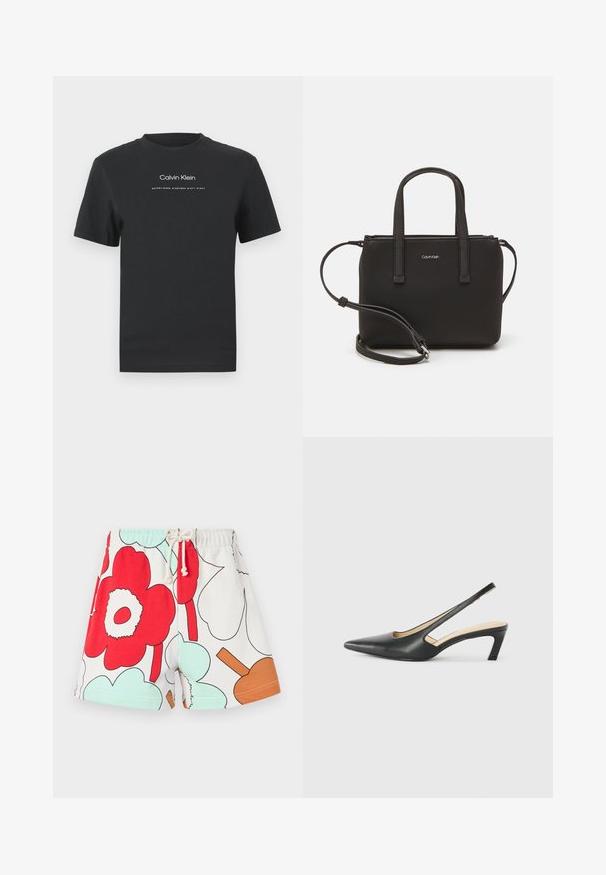 Black cotton T-shirt with a crew neckline, short sleeves, and white printed "Calvin Klein" logo and "Established 1968" text.; Short cotton shorts with a white background, featuring large red and light blue floral patterns, and a mint green waistband with a drawstring.; Black pointy-toed slingback shoe with a low heel, featuring smooth leather material and cut-out design on the side for breathability.; Black handbag with dual short handles and a removable shoulder strap. Smooth leather-like material with a zip closure and logo detail.