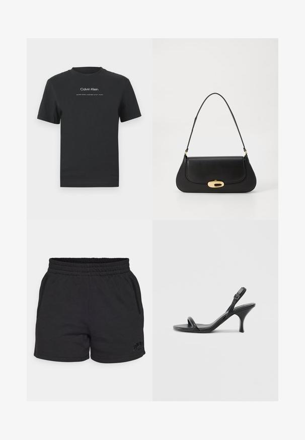 Črna bombažna majica s krožnim izrezom, kratkimi rokavi in belim potiskanjem logotipa "Calvin Klein" ter besedilom "Ustanovljen 1968".; Črne bombažne športne hlače s elastičnim pasom, dvema stranskima žepoma in diskretnim DKNY logotipom na spodnjem levem robu.; Črne usnjene visoke sandale s tankim, ukrivljenim petam in obliko križanih trakov. Nastavljiv trak okoli gležnja. Gladka tekstura.; Črna usnjena torba s ukrivljeno zasnovo, z zlatimi dodatki in zgornjim ročajem. Ima eleganten zapirni mehanizem in gladko teksturo.