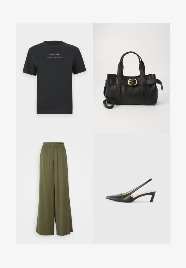 Zwarte katoen T-shirt met een ronde halslijn, korte mouwen en een witte geprinte "Calvin Klein" logo en "Established 1968" tekst.; DRYKORN CEILING - Broek - green; Zwarte puntige slingback schoen met een lage hak, gemaakt van soepel leer en voorzien van een uitsnede aan de zijkant voor ventilatie.; Zwarte leren handtas met een gestructureerd ontwerp, dubbele handgrepen aan de bovenkant, een gouden gespaccent en een geperst merklogo aan de voorkant.
