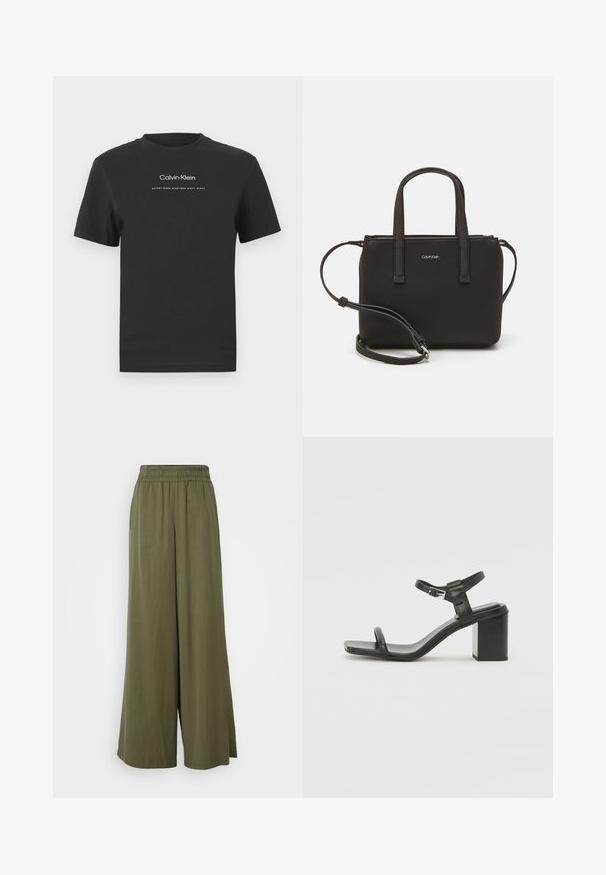 Black cotton T-shirt with a crew neckline, short sleeves, and white printed "Calvin Klein" logo and "Established 1968" text.; DRYKORN CEILING - Trousers - green; Black leather block-heeled sandal with a wide strap across the toe and an adjustable ankle strap, featuring a sleek, minimalist design.; Black handbag with dual short handles and a removable shoulder strap. Smooth leather-like material with a zip closure and logo detail.