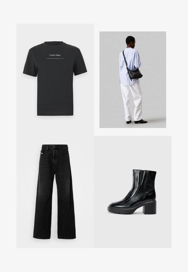 Černé bavlněné tričko s kulatým výstřihem, krátkými rukávy a bílým potiskem loga "Calvin Klein" a textem "Established 1968".; Široké černé džíny z denimu s vysokým pasem, vybavené zapínáním na knoflík, předními kapsami a bledým texturou.; Černé lakované kotníkové boty s zakřivenou špičkou, elastickými bočními panely a robustním blokovým podpatkem. Na zadní straně se nachází embosované logo.; Černá kožená kabelka přes rameno s jemnou texturou, trojúhelníkovým tvarem a nastavitelným popruhem, v kombinaci se světle modrou pruhovanou košilí a bílými kalhotami.