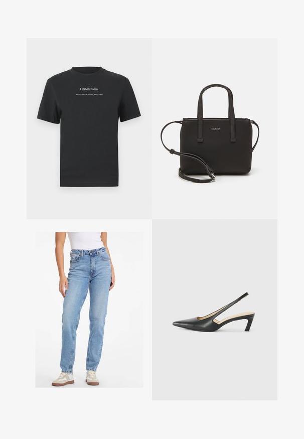 Črna bombažna majica s krožnim izrezom, kratkimi rokavi in belim potiskanjem logotipa "Calvin Klein" ter besedilom "Ustanovljen 1968".; Svijetloplave traperice visoki struk, s ravnim nogavicama, klasičnim dizajnom s pet džepova i zatvaranjem na dugme.; Črne čevlje s koničastimi nosovi in slingback obliko z nizko peto, izdelane iz gladke usnjene materiale ter s črtasto zasnovo na strani za prezračevanje.; Črna torbica z dvema kratkima ročajema in odstranljivim naramnim trakom. Gladek usnju podoben material z zadrgo in podrobnostmi z logotipom.
