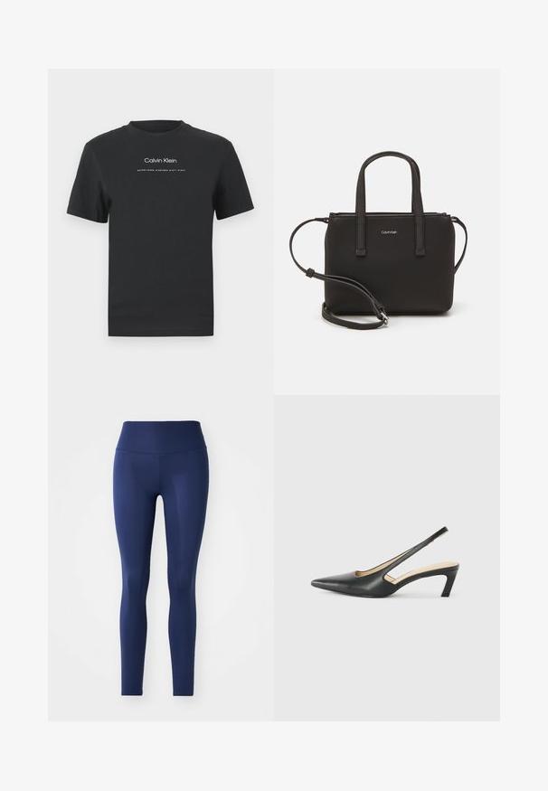 Zwarte katoen T-shirt met een ronde halslijn, korte mouwen en een witte geprinte "Calvin Klein" logo en "Established 1968" tekst.; Marineblauwe leggins gemaakt van rekbare stof, met een hoge tailleband, een soepele textuur en een volledige lengte zonder patronen of hardware.; Zwarte puntige slingback schoen met een lage hak, gemaakt van soepel leer en voorzien van een uitsnede aan de zijkant voor ventilatie.; Zwarte handtas met dubbele korte handvatten en een afneembare schouderriem. Glad, leerachtig materiaal met een ritssluiting en logo-detail.
