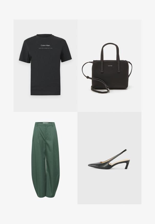 Black cotton T-shirt with a crew neckline, short sleeves, and white printed "Calvin Klein" logo and "Established 1968" text.; Gestuz CALLIA BARREL PANTS - Trousers - posy green melange; Black pointy-toed slingback shoe with a low heel, featuring smooth leather material and cut-out design on the side for breathability.; Black handbag with dual short handles and a removable shoulder strap. Smooth leather-like material with a zip closure and logo detail.
