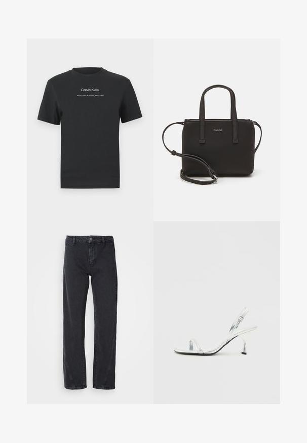 Črna bombažna majica s krožnim izrezom, kratkimi rokavi in belim potiskanjem logotipa "Calvin Klein" ter besedilom "Ustanovljen 1968".; Črne denim hlače s ravnim krojem, s srednje visokim pasom, z gumbom za zapiranje in okrasnim šivom ob stranskih šivih.; Srebrna patentna usnjena sandala na visoki peti s ozkim pasom za prste, nastavljivim zaponcem in vitkim petami.; Črna torbica z dvema kratkima ročajema in odstranljivim naramnim trakom. Gladek usnju podoben material z zadrgo in podrobnostmi z logotipom.
