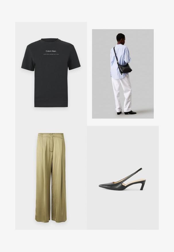 Czarny bawełniany T-shirt z okrągłym dekoltem, krótkimi rękawami i białym nadrukiem logo "Calvin Klein" oraz tekstem "Established 1968".; Oliwkowe, szerokie spodnie z gładkiego materiału, z przodem zapinanym na guzik i plisowanymi detalami w okolicy talii.; Czarny but na obcasie typu slingback z ostro zakończonym noskiem, z niskim obcasem, wykonany z gładkiej skóry, z wycięciem po boku dla lepszej wentylacji.; Czarna skórzana torba na ramię o miękkiej fakturze, w kształcie trójkąta, z regulowanym paskiem, połączona z jasnoniebieską koszulą w paski i białymi spodniami.