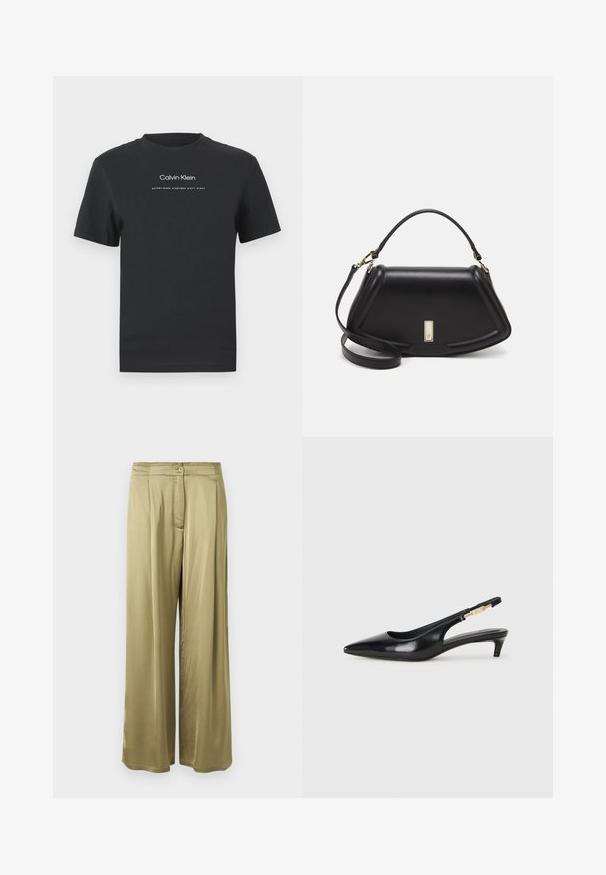 Crna pamučna majica s okruglim izrezom, kratkim rukavima i bijelim otisnutim logotipom "Calvin Klein" te tekstom "Osnovano 1968."; Maslinasto zelene, široke hlače izrađene od glatkog materijala, s prednjim zatvaranjem na dugme i nabranim detaljima na struku.; Crne kožne sandale s petom, s izduženim vrhom, imaju usku petu i zlatni akcent na podesivoj traci. Glatka tekstura.; Crna kožna torba s strukturiranim dizajnom, s krojenim oblikom, gornjom drškom i zlatnim detaljima. Uključena je podesiva ramena traka.