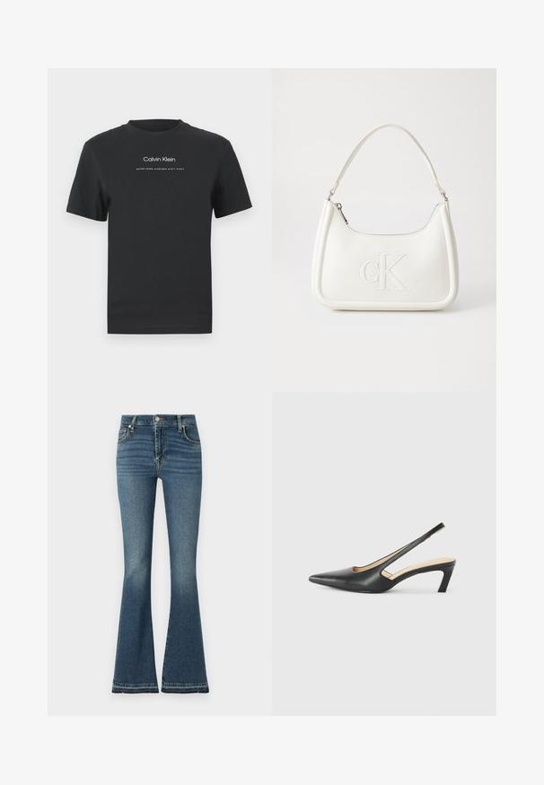 T-shirt de algodão preto com decote redondo, mangas curtas e logotipo "Calvin Klein" impresso em branco, acompanhado do texto "Established 1968".; Calças flare em denim azul médio com cintura alta, ligeiras marcas de uso, design de cinco bolsos e detalhes de costura visíveis.; Sandal com bico fino e calcanhar baixo, em couro liso, com um design recortado na lateral para respirabilidade.; Mala de mão branca em pele com uma forma curva, apresentando um logo "CK" em relevo na frente e uma alça de ombro única. Fecho com zíper na parte superior.