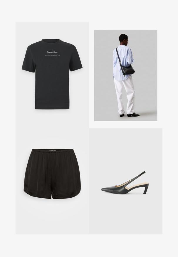 Svart bomull T-skjorte med rund hals, korte ermer, og hvit trykt "Calvin Klein" logo og tekst "Etablert 1968".; Sorte satengshorts med elastisk linning, med en plissert design. Kantene er avrundet for en løs passform og glatt tekstur.; Svart spiss tå slingback-sko med lav hæl, laget av jevnt skinnmateriale og med utskåret design på siden for pusteevne.; Svart lær skulderveske med en myk tekstur, trekantet form og justerbar stropp, kombinert med en lyseblå stripete skjorte og hvite bukser.