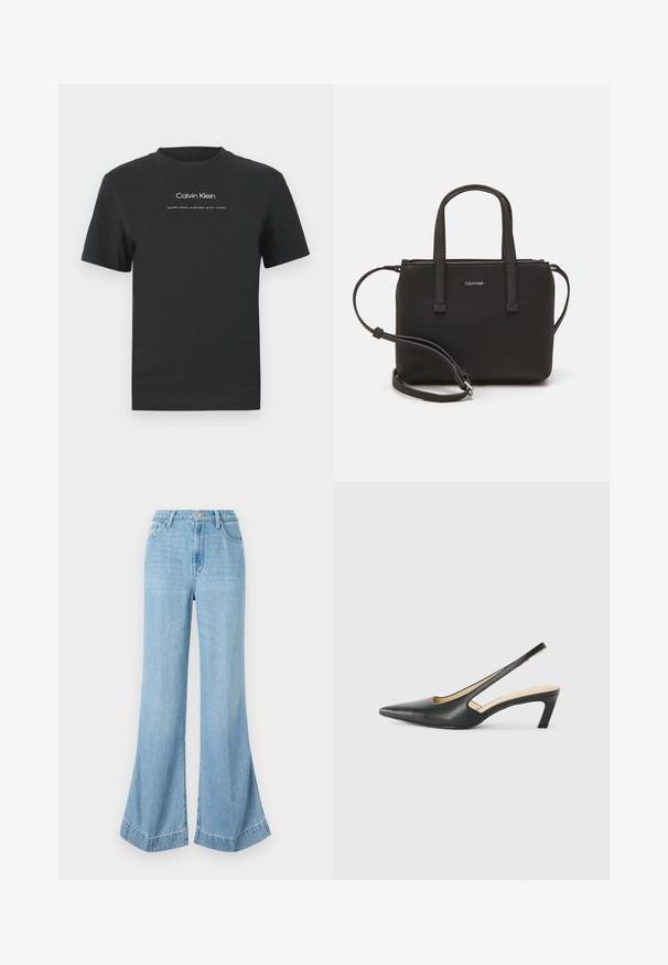 Melna kokvilnas T-kreklā ar apaļu apkakli, īsām piedurknēm un baltu uzdrukātu "Calvin Klein" logotipu un tekstu "Izveidots 1968".; Gaiši zili, platā kāju džinsi iz denim, augstajā jostā ar pogu aizdari, ar gludu beigu apdari un izplestu apakšējo malu ar sānu inteirēm.; Melna, ar smailu purngalu, slingback kurpe ar zemu papēdi, izgatavota no gludas ādas materiāla un ar izgriezumiem sānos gaisa caurlaidībai.; Melns roku soma ar divām īsām rokturiem un noņemamu plecu siksnu. Gluda ādas līdzīga materiāla ar rāvējslēdzēja aizdari un logos detaļu.