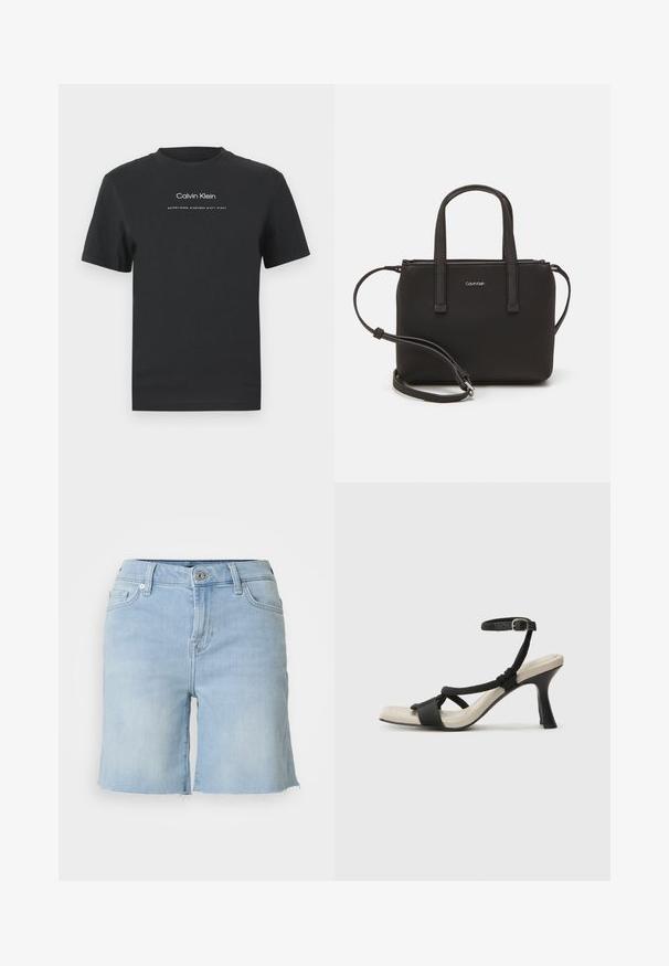 Camiseta de algodón negra con cuello redondo, mangas cortas y logo impreso en blanco de "Calvin Klein" junto con el texto "Establecido en 1968".; Shorts de mezclilla azul claro con un diseño de pierna recta, cierre de botón y dobladillo deshilachado. Cuenta con bolsillos delanteros y un corte clásico.; Sanda¡ía de tacón negro con diseño de tira trenzada, punta cuadrada y correa ajustable en el tobillo. Plantilla de color beige claro con un tacón negro brillante.; Bolso de mano negro con dos asas cortas y una correa de hombro removible. Material suave tipo cuero con cierre de cremallera y detalle del logo.