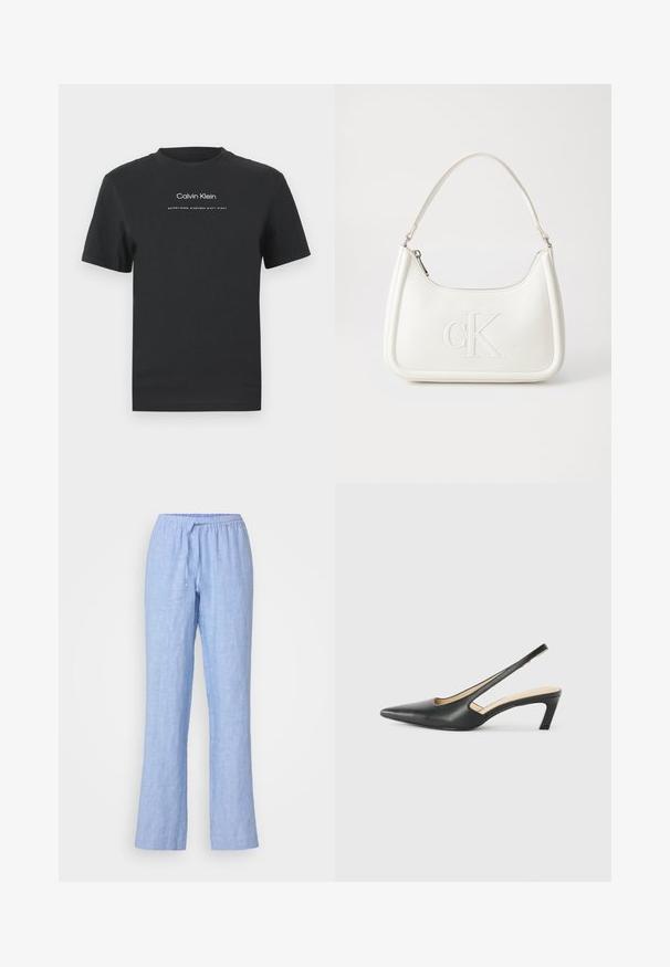 Zwarte katoen T-shirt met een ronde halslijn, korte mouwen en een witte geprinte "Calvin Klein" logo en "Established 1968" tekst.; Samsøe Samsøe HOYS STRING TROUSERS - Broek - mid blue; Zwarte puntige slingback schoen met een lage hak, gemaakt van soepel leer en voorzien van een uitsnede aan de zijkant voor ventilatie.; Witte lederen handtas met een gebogen vorm, voorzien van een reliëf "CK" logo aan de voorkant en een enkele schouderriem. Ritsluiting aan de bovenkant.