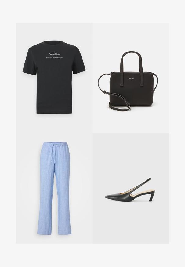 T-shirt en coton noir avec un col rond, des manches courtes, et un logo "Calvin Klein" imprimé en blanc ainsi que le texte "Established 1968".; Samsøe Samsøe HOYS STRING TROUSERS - Pantalon classique - mid blue; Slingback noir à bout pointu avec un petit talon, en cuir lisse et doté d'un design découpé sur le côté pour plus de respirabilité.; Sac à main noir avec deux poignées courtes et une bandoulière amovible. Matière lisse semblable à du cuir avec une fermeture éclair et un détail de logo.