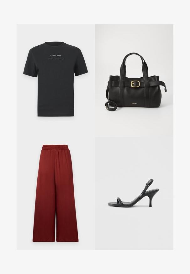Tricou din bumbac negru cu guler rotund, mâneci scurte și logo-ul imprimat „Calvin Klein” în alb, împreună cu textul „Established 1968”.; Pantaloni largi confecționați dintr-un material neted, de culoare burgundă închisă, având un tiv elastic pentru confort și o cădere fluidă.; Sandale cu toc înalt din piele neagră, cu un toc subțire și curbat și un design cu curea încrucișată. Curea la gleznă ajustabilă. Textură netedă.; Geantă de mână din piele neagră, cu un design structurat, mânere superioare duale, accent cu cataramă aurie și logo-ul brandului embosat în față.