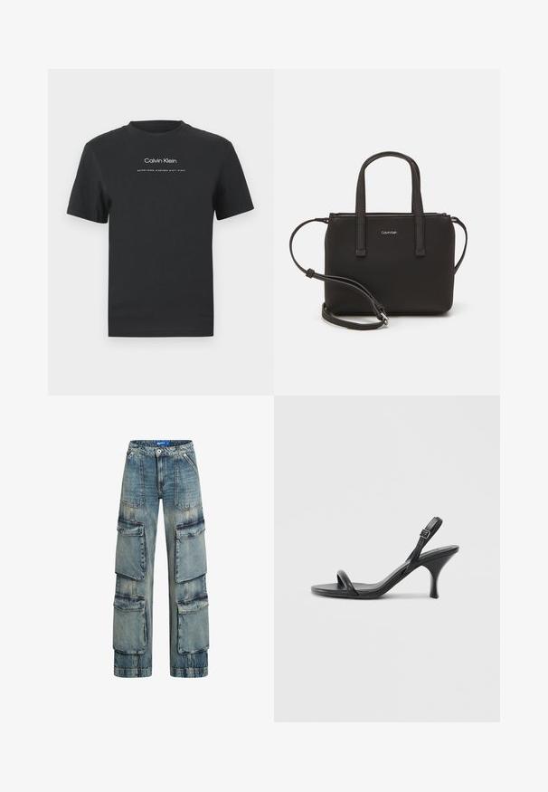 Černé bavlněné tričko s kulatým výstřihem, krátkými rukávy a bílým potiskem loga "Calvin Klein" a textem "Established 1968".; Modré denimové cargo kalhoty s volným střihem, které mají několik velkých kapes, zipový rozkrok a mírně vybledlou texturu pro nošený vzhled.; Černé kožené sandály na vysokém podpatku s úzkým, zakřiveným podpatkem a designem s překříženými popruhy. Nastavitelný pásek kolem kotníku. Hladký povrch.; Černá kabelka s dvojitými krátkými uchy a odnímatelným ramenním popruhem. Hladký koženkový materiál s uzávěrem na zip a detailem loga.