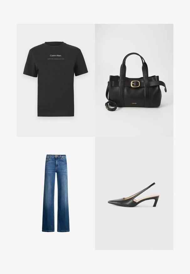 Crna pamučna majica s okruglim izrezom, kratkim rukavima i bijelim otisnutim logotipom "Calvin Klein" te tekstom "Osnovano 1968."; Široke traperice u indigo jušnom denimu, s visokim strukom, srebrnim detaljima i klasičnim pet džepovima. Glatka tekstura s suptilnim izbjeljivanjem.; Crne cipele s izduženim vrhom i remenom oko pete, s niskom petom, izrađene od glatke kože i s izrezbarenom stranom radi prozračnosti.; Crna kožna torba s strukturiranim dizajnom, dvostrukim gornjim ručkama, zlatnim kopčom kao naglaskom i utisnutim logotipom marke sprijeda.