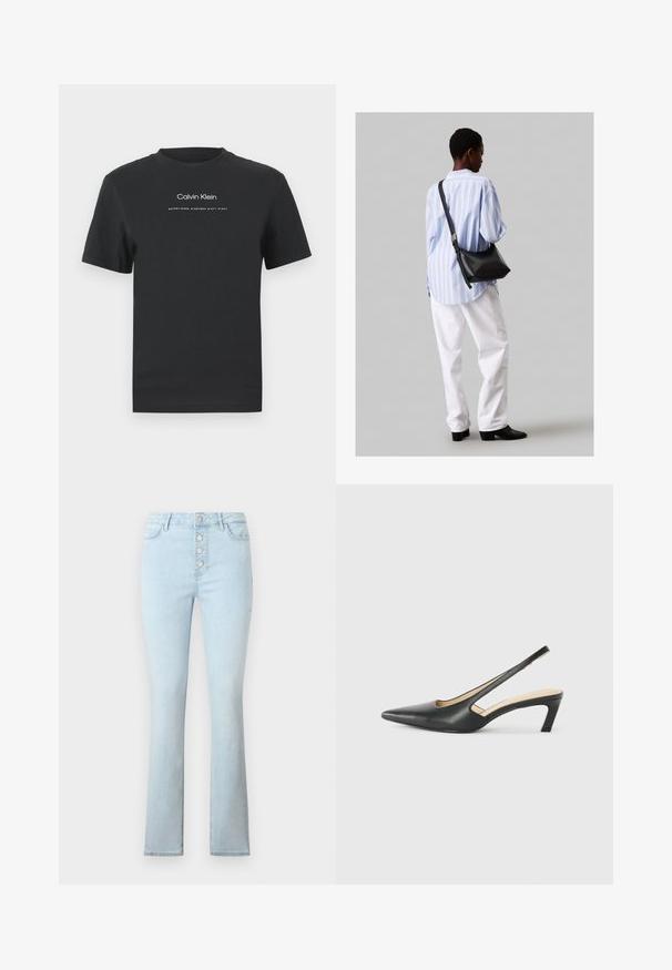 Černé bavlněné tričko s kulatým výstřihem, krátkými rukávy a bílým potiskem loga "Calvin Klein" a textem "Established 1968".; Světle modré džíny z denimu, s vysokým pasem a pěti kovovými knoflíky vpředu, s rozšířenými nohavicemi.; Černý špičatý slingback s nízkým podpatkem, vyrobený z hladké kůže, s výřezem na boku pro lepší prodyšnost.; Černá kožená kabelka přes rameno s jemnou texturou, trojúhelníkovým tvarem a nastavitelným popruhem, v kombinaci se světle modrou pruhovanou košilí a bílými kalhotami.