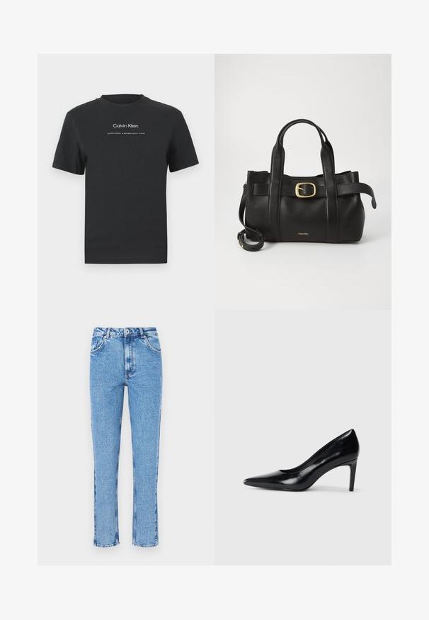 Svart bomull T-skjorte med rund hals, korte ermer, og hvit trykt "Calvin Klein" logo og tekst "Etablert 1968".; Lys blå denimjeans med en rett benedesign, som har front- og baklommer, samt en teksturert finish. Standard knapp- og glidelåsclosur.; Sorte skinnhøye hæler med spiss tå, glatt tekstur og avsmalnet hæl. Minimalistisk design, ingen ekstra dekorasjoner.; Svart lærveske med en strukturert design, doble topphåndtak, gullfarget spenneakent og preget merke-logo foran.