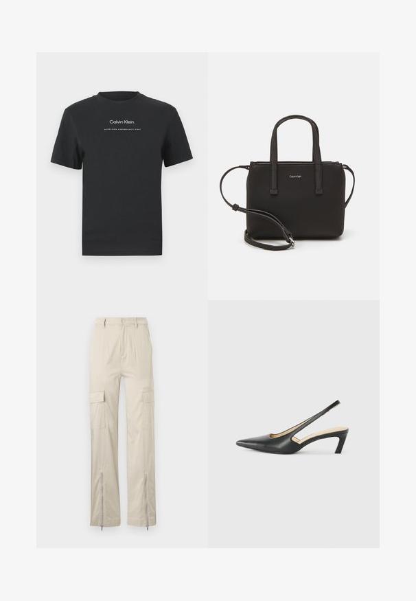 Svart bomulls T-shirt med rund halsringning, korta ärmar och vittryckt "Calvin Klein" logotyp samt texten "Established 1968".; Beiga cargobyxor med en avslappnad passform, med sidofickor, dragkedjeavslutningar och en slät yta. Tyget är lätt och hållbart.; Svart spetsig slingback-sko med låg klack, som har ett slätt lädermaterial och utskärningsdesign på sidan för andningsförmåga.; Svart handväska med dubbla korta handtag och ett avtagbart axelband. Slät läderliknande material med dragkedjestängning och logodetalj.