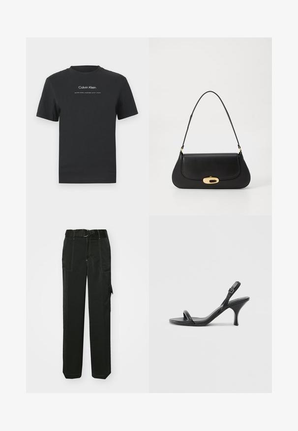 T-shirt de algodão preto com decote redondo, mangas curtas e logotipo "Calvin Klein" impresso em branco, acompanhado do texto "Established 1968".; Calças cargo pretas com um cós ajustado, passante para cinto, múltiplos bolsos, costuras visíveis e um design largo com pernas retas.; Sandálias de salto alto em couro preto com um salto curvado e fino e um design de tiras cruzadas. Correia ajustável no tornozelo. Textura suave.; Bolsa de couro preto com um design curvado, detalhes em metal dourado e uma pega superior. Apresenta um fecho elegante e uma textura suave.