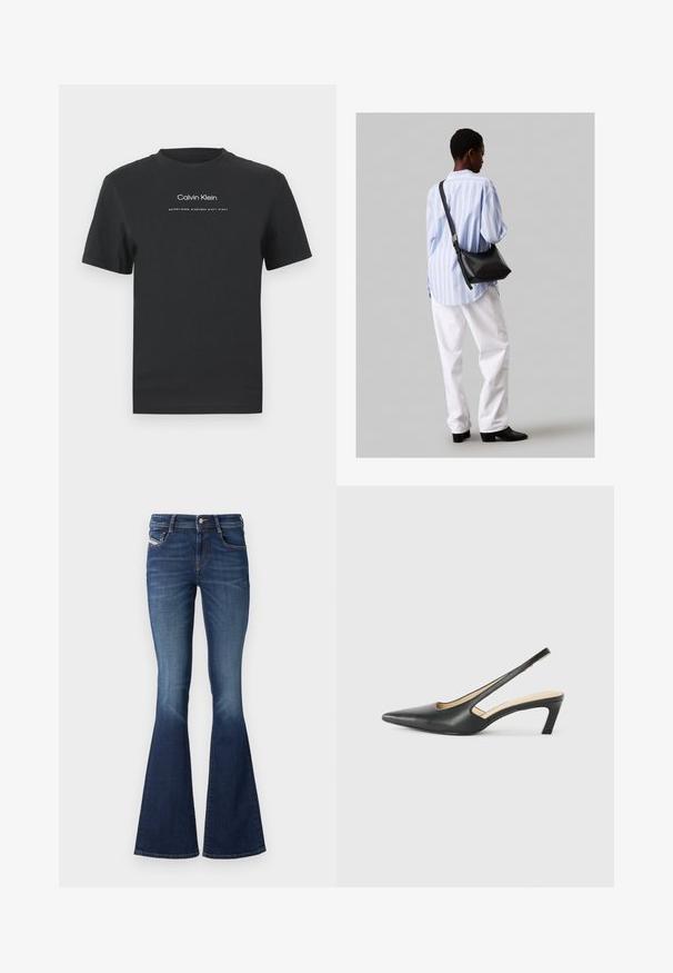 Tricou din bumbac negru cu guler rotund, mâneci scurte și logo-ul imprimat „Calvin Klein” în alb, împreună cu textul „Established 1968”.; Jeans evaza de spate închis cu talie medie, având un design clasic cu cinci buzunare și o decolorare subtilă pe coapse.; Pantof cu toc mic, cu vârf ascuțit și slingback, realizat din piele netedă, având un design decupat pe lateral pentru respirabilitate.; Geantă de umăr din piele neagră cu o textură moale, formă triunghiulară și curea ajustabilă, asortată cu o bluză cu dungi albastre deschise și pantaloni albi.