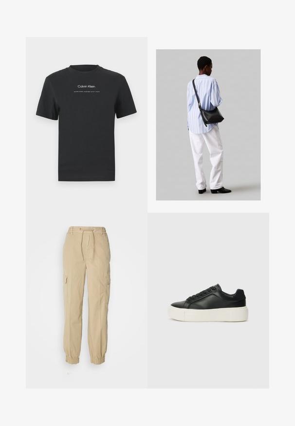 Sort bomulds T-shirt med rund halsudskæring, korte ærmer og hvidt trykt "Calvin Klein" logo samt teksten "Established 1968".; HUGO HISUNE - Cargobukser - open beige; Sort lædersneaker med rund tå, hvid platformssål og sorte snørebånd. Har et diskret logo på hælen og en glat overflade.; Sort læder skuldertaske med en blød tekstur, trekantet form og justerbar strop, kombineret med en lyseblå stribet skjorte og hvide bukser.