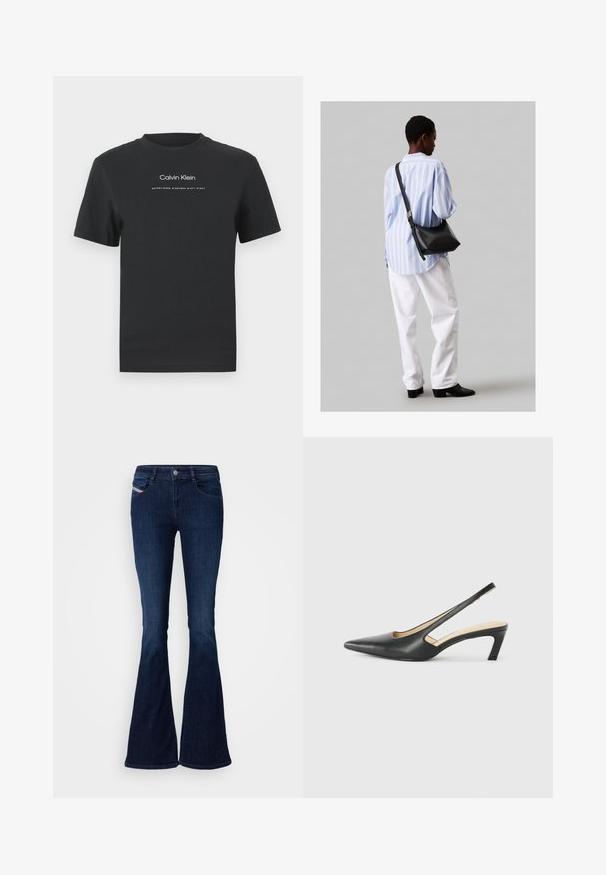Black cotton T-shirt with a crew neckline, short sleeves, and white printed "Calvin Klein" logo and "Established 1968" text.; Dark blue flared jeans with a smooth denim texture, featuring front pockets, a button closure, and a subtle brand tag on the side.; Black pointy-toed slingback shoe with a low heel, featuring smooth leather material and cut-out design on the side for breathability.; Black leather shoulder bag with a soft texture, triangular shape, and adjustable strap, paired with a light blue striped shirt and white pants.