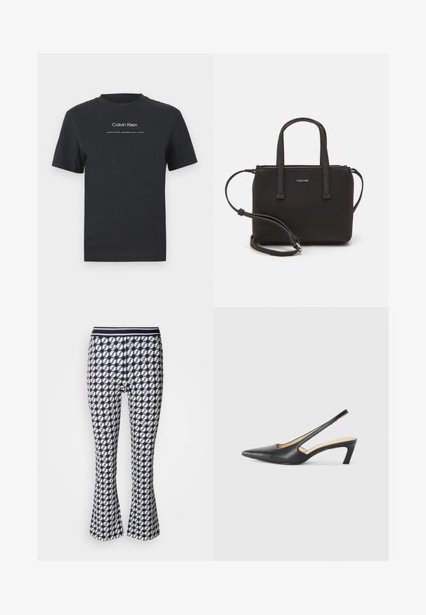T-shirt in cotone nero con scollo rotondo, maniche corte e logo stampato bianco "Calvin Klein" insieme al testo "Established 1968".; Leggings svasati con un motivo geometrico blu e bianco. Hanno una silhouette aderente e una vita elasticizzata.; Scarpa slingback nera con punta affilata e tacco basso, realizzata in pelle liscia e con un design a taglio laterale per favorire la traspirabilità.; Borsa nera con doppi manici corti e tracolla removibile. Materiale simile alla pelle liscia con chiusura a zip e dettaglio del logo.