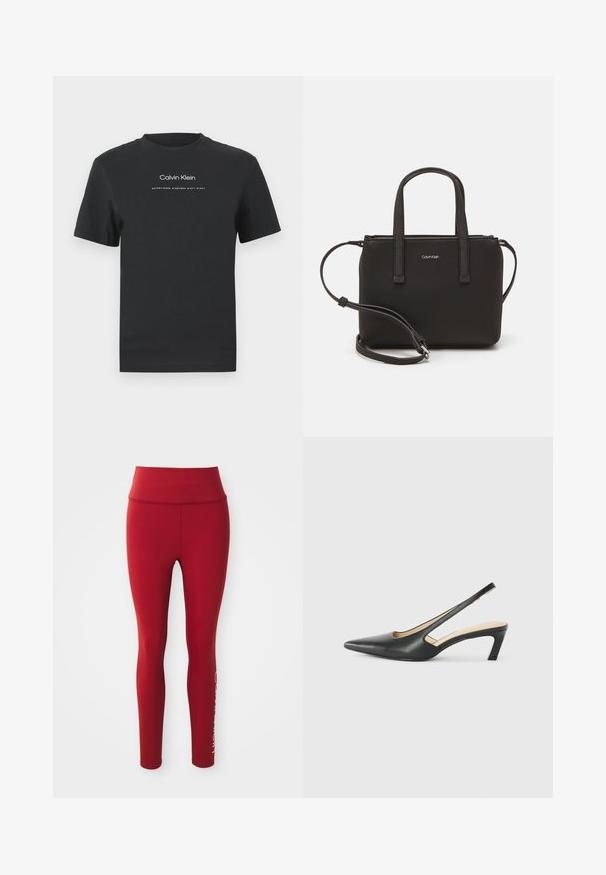 Camiseta de algodón negra con cuello redondo, mangas cortas y logo impreso en blanco de "Calvin Klein" junto con el texto "Establecido en 1968".; Leggings rojos de talle alto y largo completo con costura lateral visible y un logotipo blanco parcial en la parte inferior de la pierna derecha sobre un fondo blanco.; Zapato negro de punta afilada tipo slingback con un tacón bajo, que presenta un material de cuero suave y un diseño recortado en el lateral para mayor transpirabilidad.; Bolso de mano negro con dos asas cortas y una correa de hombro removible. Material suave tipo cuero con cierre de cremallera y detalle del logo.