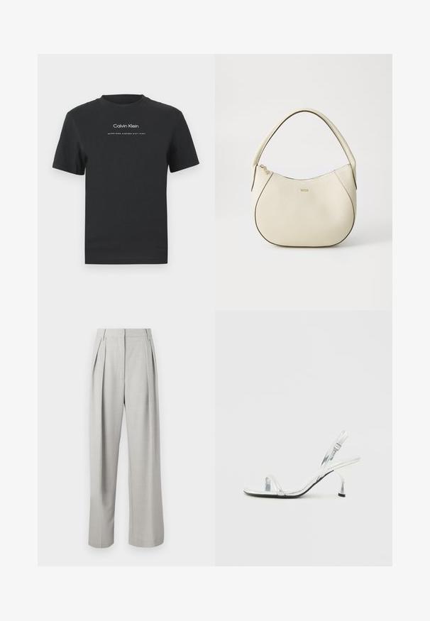 Fekete pamut póló kerek nyakkivágással, rövid ujjakkal, fehér nyomott "Calvin Klein" logóval és "Established 1968" felirattal.; Világosszürke, redőzött nadrág, magas derékkal, bő szabású, sima textúrával, látható hardver vagy minták nélkül.; Ezüst lakk bőr slingback magassarkú szandál keskeny lábujj pánttal, állítható csattal és karcsú sarkal.; Krém színű kézi táska texturált felülettel, ívelt formával, rövid fogantyúval és arany színű logó részlettel. Cipzáros záródás a tetején.