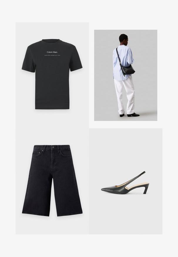 Svart bomull T-skjorte med rund hals, korte ermer, og hvit trykt "Calvin Klein" logo og tekst "Etablert 1968".; Sorte denim culotter med høy livhøyde, to frontlommer og en rett, bred ben-design. Holdbart stoff med minimale sømdetaljer.; Svart spiss tå slingback-sko med lav hæl, laget av jevnt skinnmateriale og med utskåret design på siden for pusteevne.; Svart lær skulderveske med en myk tekstur, trekantet form og justerbar stropp, kombinert med en lyseblå stripete skjorte og hvite bukser.