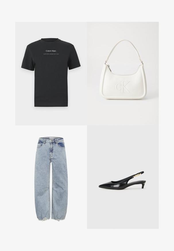 Fekete pamut póló kerek nyakkivágással, rövid ujjakkal, fehér nyomott "Calvin Klein" logóval és "Established 1968" felirattal.; Világoskék, laza szabású farmernadrág, amely rojtos szegélyekkel és keresztöltéses részletekkel rendelkezik, hogy fokozza a textúrát és a dizájn érdekességét.; Fekete bőr slingback magassarkúk, hegyes orral, vékony sarkakkal és arany színű részlettel a állítható pánton. Simа felület.; Fehér bőrtáska ívelt formájú, elöl feltűnő "CK" logóval, egyetlen vállpánttal. Cipzáras zárás a tetején.