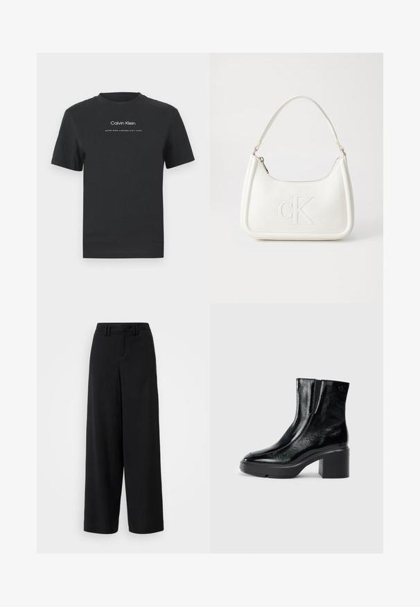 Schwarzes Baumwoll-T-Shirt mit Rundhalsausschnitt, kurzen Ärmeln und weißem Druck des "Calvin Klein" Logos sowie dem Text "Established 1968".; Schwarze weite Hosen aus glattem Stoff, mit einem flachen Frontdesign, gefältelten Details und Gürtelschlaufen am Bündchen.; Schwarze Lackleder-Stiefeletten mit einer geschwungenen Zehenpartie, elastischen Seiteneinsätzen und einem klobigen Blockabsatz. Mit geprägtem Logo auf der Rückseite.; Weiße Lederhandtasche mit abgerundeter Form, ausgestattet mit einem geprägten "CK"-Logo auf der Vorderseite und einem Einzel-Schultergurt. Reißverschluss oben.