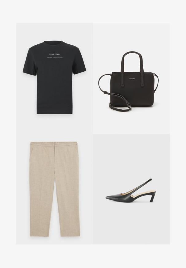 Juodas medvilninis marškinėliai su apvaliu kaklu, trumpomis rankovėmis ir baltu spausdintu "Calvin Klein" logotipu bei tekstu "Įkurtas 1968".; Tommy Hilfiger Curve Kelnės - classic beige; Juodas smailus slingback batelis su žemu kulnu, pagamintas iš lygaus odos paviršiaus ir su išpjovomis šone, užtikrinančiomis oro pralaidumą.; Juoda rankinė su dviem trumpais rankenėlėmis ir nuimamu petį. Lygaus odos tipo medžiaga su užtrauktuku ir logotipo detale.