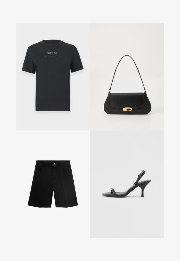 Čierne bavlnené tričko s okrúhlym výstrihom, kratkými rukávmi a bielou potlačou loga "Calvin Klein" a textu "Established 1968".; Čierne džínsy s rovnými nohavicami, piatimi vreckami a strieborným gombíkom na zapínanie. Hladká textura s minimálnymi detailmi šitia.; Čierne kožené sandále na vysokom podpätku s štíhlym, zakriveným podpätkom a prekríženým pásikovým dizajnom. Nastaviteľný pásik okolo členka. Hladká textúra.; Čierna kožená kabelka s prehnutým dizajnom, zlatými kovovými detailmi a horným uchom. Má elegantné zatvorenie a hladký povrch.