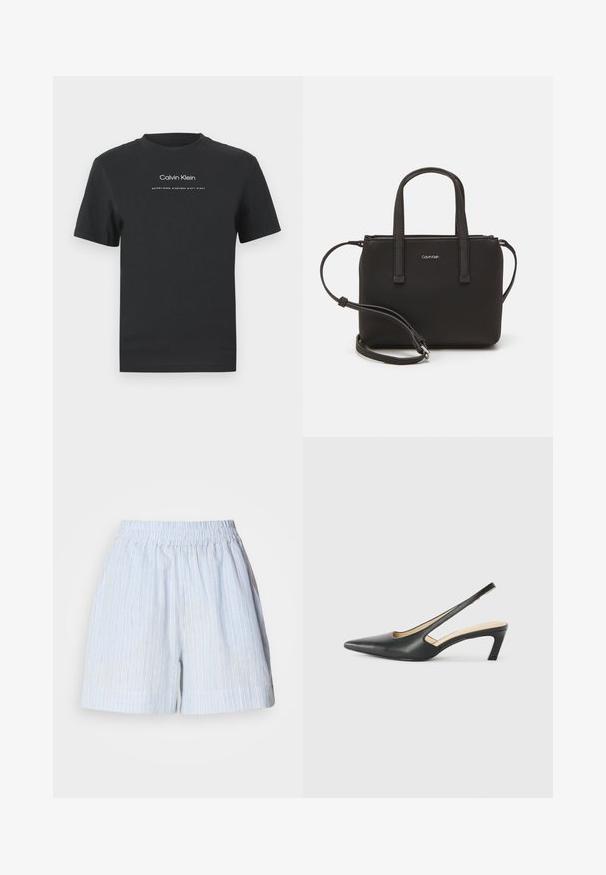 Sort bomulds T-shirt med rund halsudskæring, korte ærmer og hvidt trykt "Calvin Klein" logo samt teksten "Established 1968".; Lyseblå shorts med lodrette hvide og mørkeblå striber. Har en elastisk talje og en afslappet pasform. Lavet af et blødt materiale.; Sorte spidse slingback-sko med en lav hæl, lavet af glat læder og med udskæringer på siden for åndbarhed.; Sort håndtaske med to korte håndtag og en aftagelig skulderrem. Glat læderagtigt materiale med lynlåslukning og logo detaljer.