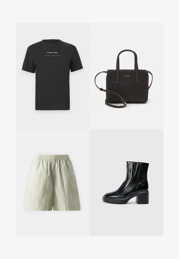Čierne bavlnené tričko s okrúhlym výstrihom, kratkými rukávmi a bielou potlačou loga "Calvin Klein" a textu "Established 1968".; Svetlozelené bavlnené šortky s vertikálnymi bielymi pruhmi, elastickým pásom a voľným, uvoľneným strihom. Hladký povrch.; Čierne lakované členkové topánky s zakrivenou špičkou, elastickými bočnými panelmi a masívnym blokovým opätkom. S embosovaným logom na zadnej strane.; Čierna kabelka s dvojitými krátkymi rúčkami a odnímateľným ramenným popruhom. Hladký materiál podobný koži s uzatváraním na zips a detailom loga.