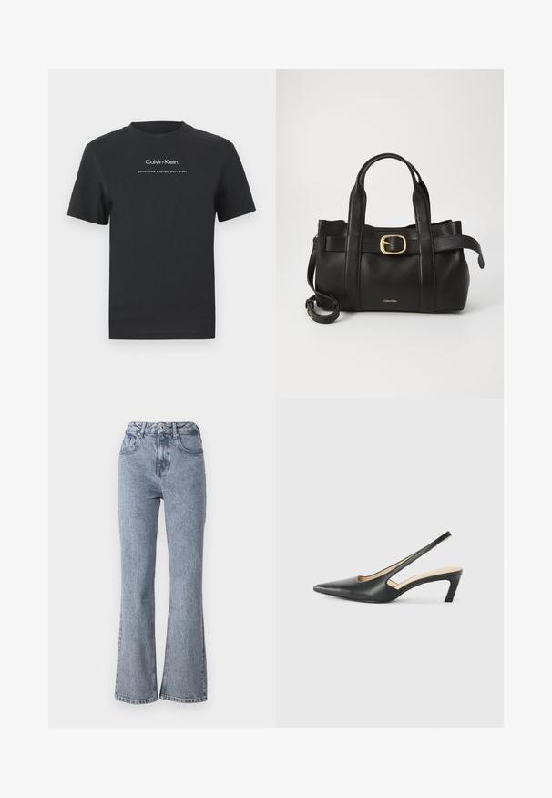 Svart bomulls T-shirt med rund halsringning, korta ärmar och vittryckt "Calvin Klein" logotyp samt texten "Established 1968".; Uppsvängda ljusblå jeans i denim, med hög midja, framfickor och en klassisk fem-ficksdesign med subtila blekningar.; Svart spetsig slingback-sko med låg klack, som har ett slätt lädermaterial och utskärningsdesign på sidan för andningsförmåga.; Svart läderhandväska med en strukturerad design, dubbla topphandtag, detaljer i guldton med spänne och präglad logotyp framtill.