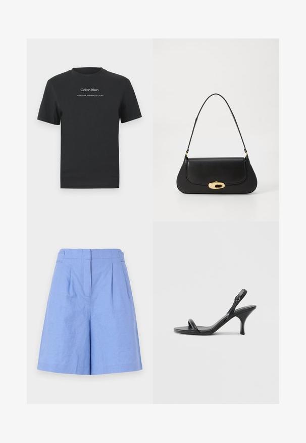 Črna bombažna majica s krožnim izrezom, kratkimi rokavi in belim potiskanjem logotipa "Calvin Klein" ter besedilom "Ustanovljen 1968".; Svetlo modri laneni kratki hlače z visokim pasom, z gubami, stranskimi žepi in gladko teksturo, zasnovane za sproščen fit.; Črne usnjene visoke sandale s tankim, ukrivljenim petam in obliko križanih trakov. Nastavljiv trak okoli gležnja. Gladka tekstura.; Črna usnjena torba s ukrivljeno zasnovo, z zlatimi dodatki in zgornjim ročajem. Ima eleganten zapirni mehanizem in gladko teksturo.