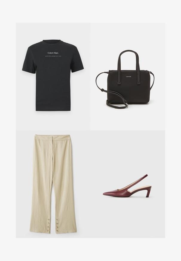 Juodas medvilninis marškinėliai su apvaliu kaklu, trumpomis rankovėmis ir baltu spausdintu "Calvin Klein" logotipu bei tekstu "Įkurtas 1968".; Žvakiški bežinės spalvos plačių kojų kelnės su tekstūruotu audiniu. Yra plokščias liemuo ir penki mygtukai apačioje užsegimui. Su raukšlėmis.; Burgundiškai raudoni slingback aukštakulniai bateliai su smailiu pirštu, išpjovimais šonuose ir vidutinio aukščio blokiniu kulnu. Lygus odos paviršius.; Juoda rankinė su dviem trumpais rankenėlėmis ir nuimamu petį. Lygaus odos tipo medžiaga su užtrauktuku ir logotipo detale.
