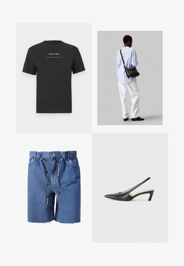 Μαύρη βαμβακερή μπλούζα T-shirt με στρογγυλή λαιμόκοψη, κοντά μανίκια και λευκό εκτυπωμένο λογότυπο "Calvin Klein" καθώς και κείμενο "Established 1968".; Δερμάτινα σορτς σε ανοιχτό μπλε, με κορδόνι που διαθέτει μαύρη και λευκή επωνυμία. Με φθαρμένο στρίφωμα και τυπικό σχέδιο πέντε τσεπών.; Μαύρο παπούτσι slingback με αιχμηρή μύτη και χαμηλό τακούνι, κατασκευασμένο από λείο δέρμα με σχέδιο κοπής στη πλευρά για αερισμό.; Μαύρη δερμάτινη τσάντα ώμου με απαλή υφή, τριγωνικό σχήμα και ρυθμιζόμενο λουρί, συνδυασμένη με ένα ανοιχτό μπλε ριγέ πουκάμισο και λευκό παντελόνι.