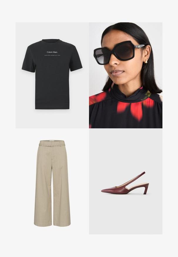 Melna kokvilnas T-kreklā ar apaļu apkakli, īsām piedurknēm un baltu uzdrukātu "Calvin Klein" logotipu un tekstu "Izveidots 1968".; Plašu kāju bikses gaiši bēšā audumā ar vertikālām svītrām, kurām ir atbilstoša josta un dekoratīvi aksesuāri jostasvietā.; Burgundijas krāsas slingback papēži ar norādītu purngalu, sānu izgriezumiem un vidēja auguma bloku papēdi. Gluda ādas apdare.; Melni pārmērīgi lieli saulesbrilles ar ģeometrisku rāmi, tumšu tonējumu lēcām un zeltainu akcentu aparatūru, valkāti ar ziedu rakstu augstu apkakli.