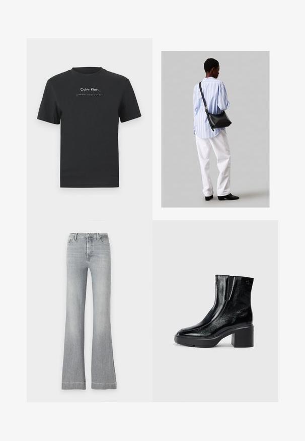 Fekete pamut póló kerek nyakkivágással, rövid ujjakkal, fehér nyomott "Calvin Klein" logóval és "Established 1968" felirattal.; Világosszürke, magas derekú, trapéz szabású farmernadrág, elülső gomb- és cipzárzárral, öt zsebbel és letisztult szegéllyel.; Fekete lakkbőr bokacsizma ívelt orral, elasztikus oldalpanelek és vastag blokk sarkal. A hátsó részen dombornyomott logó található.; Fekete bőr válltáska puha tapintással, háromszög alakú, állítható pánttal, világoskék csíkos inggel és fehér nadrággal párosítva.