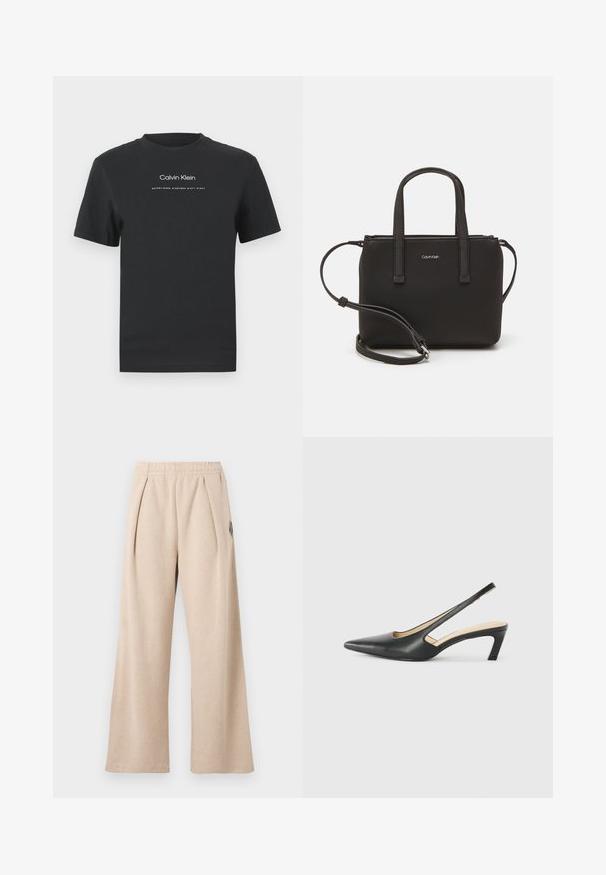 Melna kokvilnas T-kreklā ar apaļu apkakli, īsām piedurknēm un baltu uzdrukātu "Calvin Klein" logotipu un tekstu "Izveidots 1968".; Bēšas krāsas platu kāju bikses ar teksturētu audumu, priekšpusē ar krokām un elastīgu jostasvietu. Sīkās detaļas ar smalku logotipa akcentu.; Melna, ar smailu purngalu, slingback kurpe ar zemu papēdi, izgatavota no gludas ādas materiāla un ar izgriezumiem sānos gaisa caurlaidībai.; Melns roku soma ar divām īsām rokturiem un noņemamu plecu siksnu. Gluda ādas līdzīga materiāla ar rāvējslēdzēja aizdari un logos detaļu.