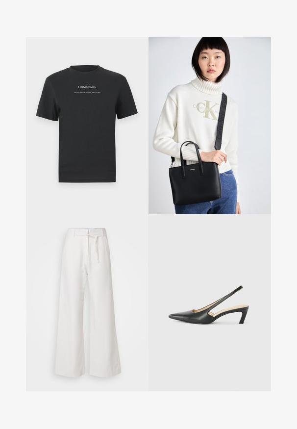 Zwarte katoen T-shirt met een ronde halslijn, korte mouwen en een witte geprinte "Calvin Klein" logo en "Established 1968" tekst.; DAY Birger et Mikkelsen TERRI SOLID - Broek - cloud cream; Zwarte puntige slingback schoen met een lage hak, gemaakt van soepel leer en voorzien van een uitsnede aan de zijkant voor ventilatie.; Zwarte leren handtas met dubbele handvatten aan de bovenkant en een afneembare schouderband. Kenmerkt zich door een zilveren logo aan de voorkant en een gladde textuur.