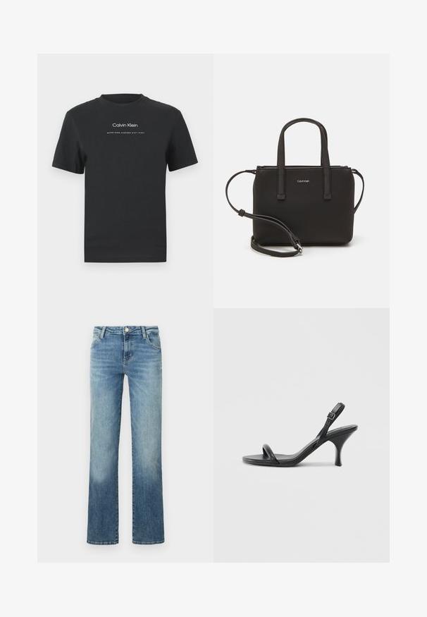Musta puuvillainen T-paita, jossa on pyöreä pääntie, lyhyet hihat ja valkoinen painettu "Calvin Klein" -logo sekä "Established 1968" -teksti.; Vaaleansiniset suorat farkut, jotka on valmistettu denimistä. Niissä on viisi taskua ja nappikiinnitys, ja ne ovat vain hieman haalistuneet.; Mustat nahkaiset korkokengät, joissa on hoikka, kaareva korko ja ristiin menevä hihnadesign. Säädettävä nilkkahihna. Silkkinen pinta.; Musta käsilaukku, jossa on kaksinkertaiset lyhyet kahvat ja irrotettava olkahihna. Silkkinen nahkatunneinen materiaali, jossa on vetoketjukiinnitys ja logoyksityiskohta.