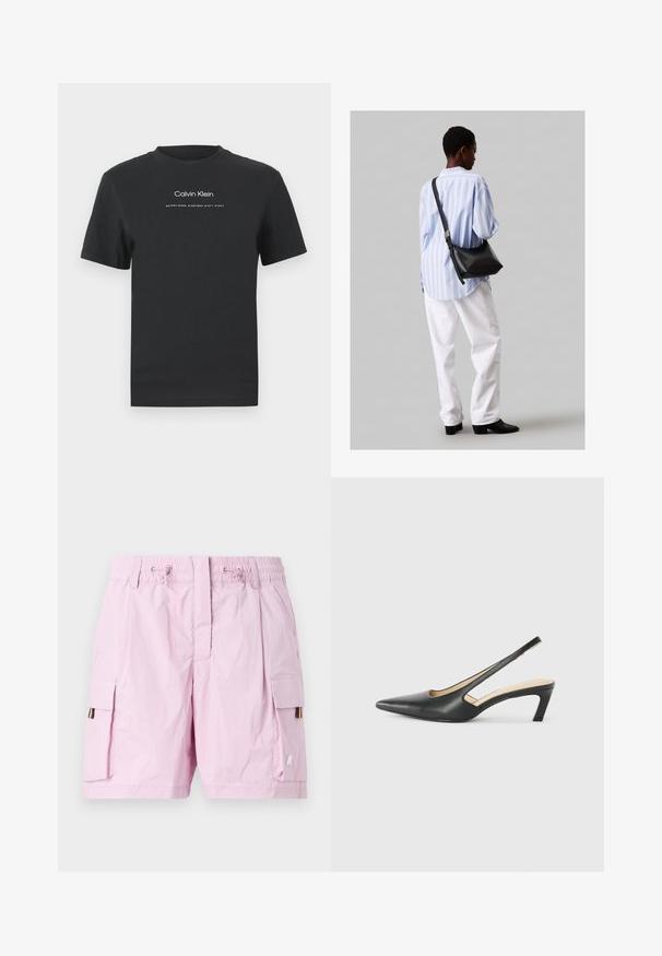 Tricou din bumbac negru cu guler rotund, mâneci scurte și logo-ul imprimat „Calvin Klein” în alb, împreună cu textul „Established 1968”.; Pantaloni scurți cargo roz deschis cu talie elastică, având două buzunare laterale și un eticheta multicoloră pe partea stângă. Textură netedă.; Pantof cu toc mic, cu vârf ascuțit și slingback, realizat din piele netedă, având un design decupat pe lateral pentru respirabilitate.; Geantă de umăr din piele neagră cu o textură moale, formă triunghiulară și curea ajustabilă, asortată cu o bluză cu dungi albastre deschise și pantaloni albi.