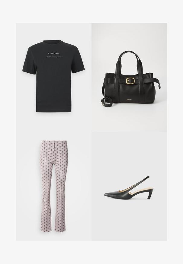 Crna pamučna majica s okruglim izrezom, kratkim rukavima i bijelim otisnutim logotipom "Calvin Klein" te tekstom "Osnovano 1968."; Rasirne hlače od svijetloroze tkanine s složenim okruglim uzorkom u crnoj boji. Struktuirani dizajn s visokim strukom i suptilnim detaljima šivanja.; Crne cipele s izduženim vrhom i remenom oko pete, s niskom petom, izrađene od glatke kože i s izrezbarenom stranom radi prozračnosti.; Crna kožna torba s strukturiranim dizajnom, dvostrukim gornjim ručkama, zlatnim kopčom kao naglaskom i utisnutim logotipom marke sprijeda.